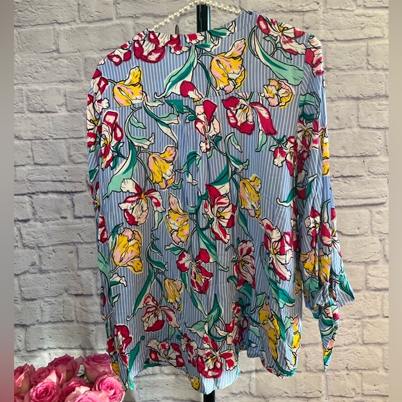 Apt. 9 Floral Striped Flowy Long Sleeve V Neck Blouse with Knotted Cuffs - Picture 2 of 10